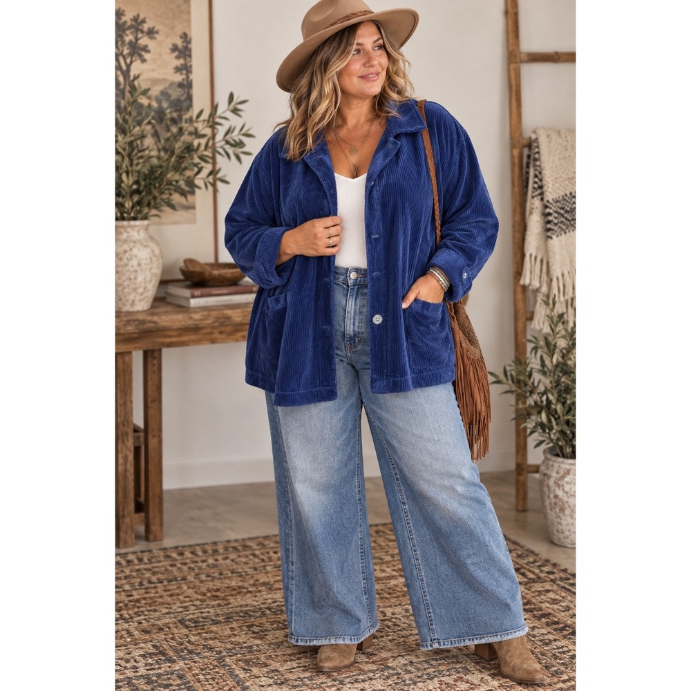 Woman Within Blue Corduroy Shacket Jacket Plus Size 2X 26/28 Cotton Pockets